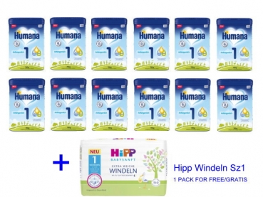 Humana 1 750g (12 boxes) add 1 pack of HIPP diapers Sz1 for free